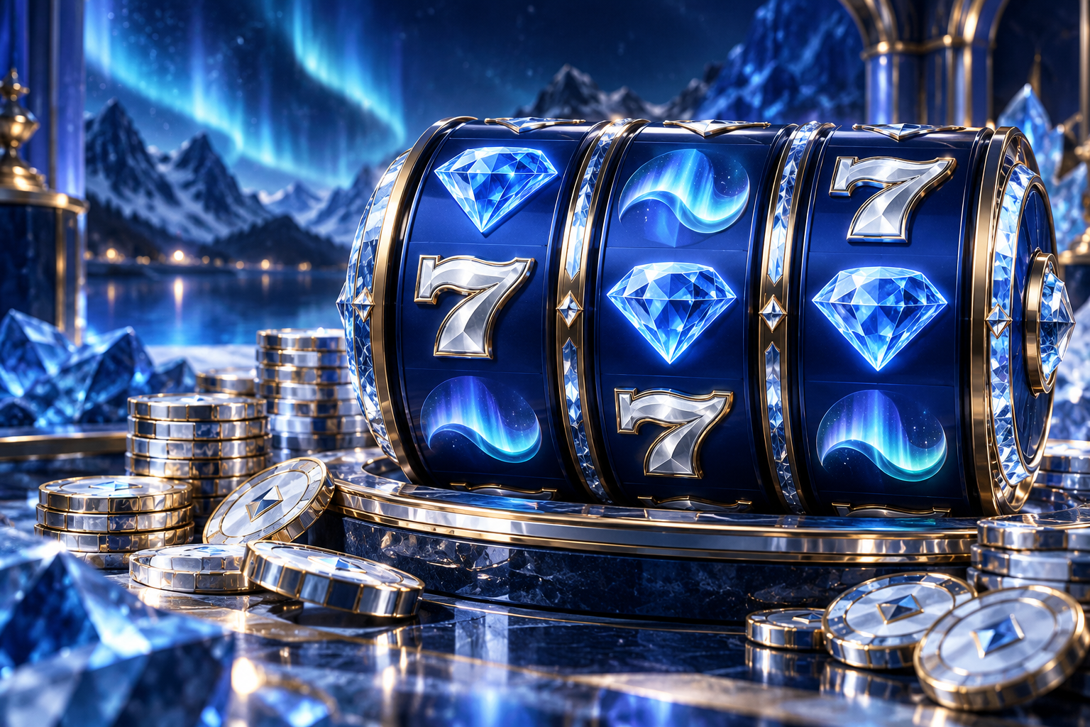 Blue diamond and silver seven reels beneath an aurora — original Hop Casino concept artwork